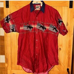 VTG Cumberland Outfitters Shirt Men XXL Red Pearl Snap Flag Horses Western Rodeo